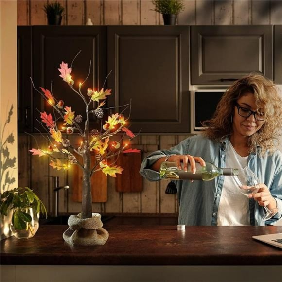 24 Inch Artificial Fall Oak Maple Tree, Lighted Fall Decorations - Picture 4 of 6